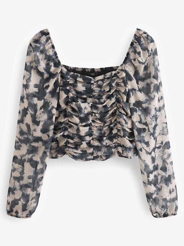 Smudge Print Ruched Long Sleeve Georgette Top - Image 1 of 2