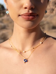 Ottoman Hands Gold Tone Alara Navy Evil Eye Pendant Necklace - Image 1 of 5