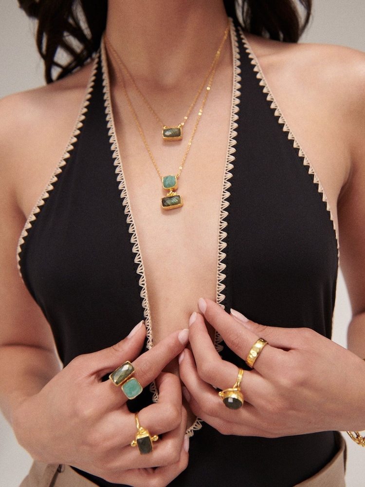 Ottoman Hands Gold Tone Nerissa Labradorite and Aqua Chalcedony Pendant Necklace - Image 2 of 5