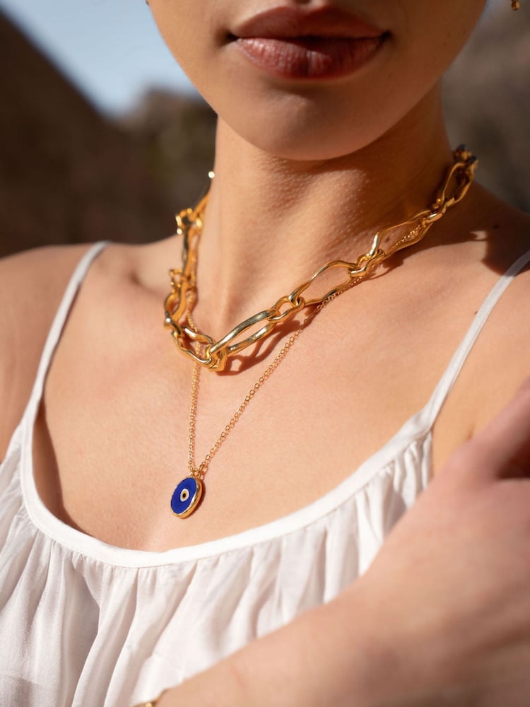 Ottoman Hands Gold Tone Azra Evil Eye Navy Pendant Necklace - Image 1 of 6