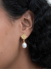 Ottoman Hands Gold Tone Pearl and White Topaz Shield Drop Earrings - Image 1 of 6