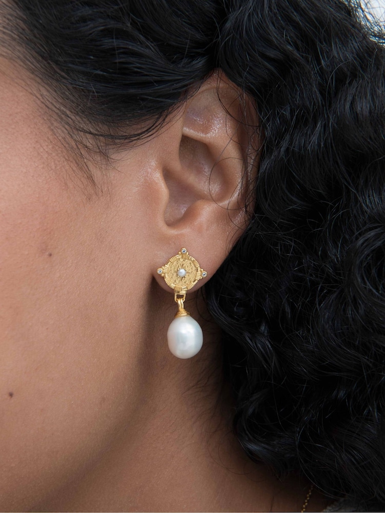 Ottoman Hands Gold Tone Pearl and White Topaz Shield Drop Earrings - Image 1 of 6 Ottoman Hands Gold Tone Pearl and White Topaz Shield Drop Earrings - Image 1 of 6