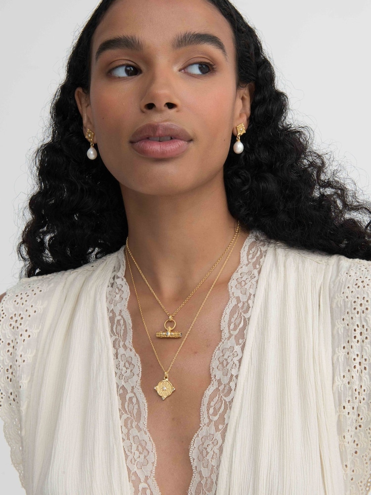 Ottoman Hands Gold Tone Pearl and White Topaz Shield Drop Earrings - Image 2 of 6 Ottoman Hands Gold Tone Pearl and White Topaz Shield Drop Earrings - Image 2 of 6