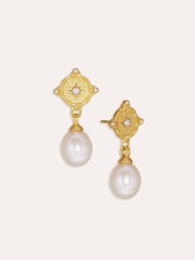 Ottoman Hands Gold Tone Pearl and White Topaz Shield Drop Earrings - Image 3 of 6