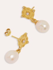 Ottoman Hands Gold Tone Pearl and White Topaz Shield Drop Earrings - Image 5 of 6