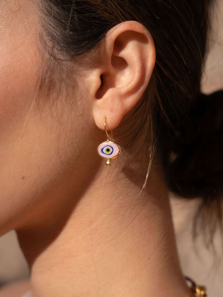 Ottoman Hands Gold Tone Alara Pink Evil Eye Drop Earrings - Image 1 of 6 Ottoman Hands Gold Tone Alara Pink Evil Eye Drop Earrings - Image 1 of 6