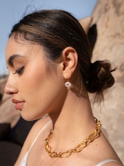 Ottoman Hands Gold Tone Alara Pink Evil Eye Drop Earrings - Image 2 of 6