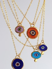 Ottoman Hands Gold Tone Alara Pink Evil Eye Drop Earrings - Image 4 of 6