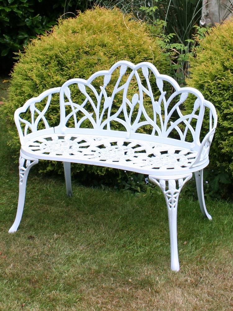 Charles Bentley White Tulip Cast Aluminium Metal 2 Seats Garden Patio Bench Seat - Image 1 of 6