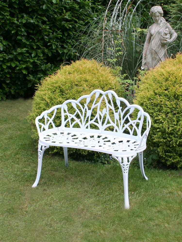 Charles Bentley White Tulip Cast Aluminium Metal 2 Seats Garden Patio Bench Seat - Image 2 of 6