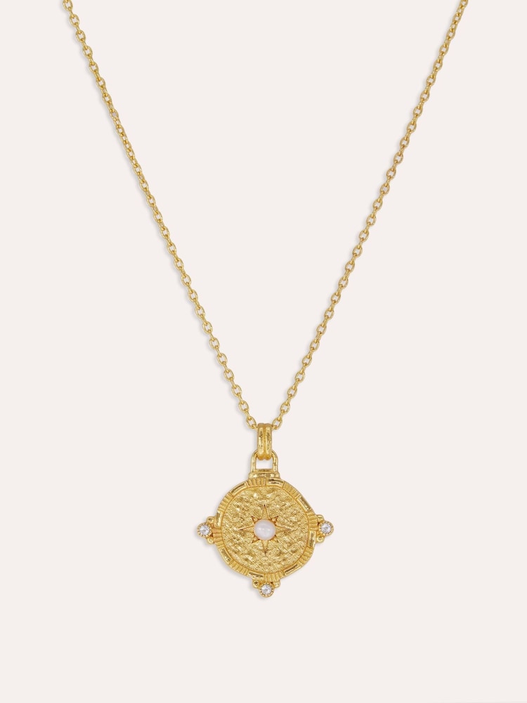 Ottoman Hands Gold Tone Pearl and White Topaz Shield Pendant Necklace - Image 1 of 8 Ottoman Hands Gold Tone Pearl and White Topaz Shield Pendant Necklace - Image 1 of 8