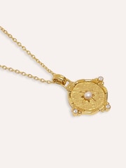 Ottoman Hands Gold Tone Pearl and White Topaz Shield Pendant Necklace - Image 2 of 8