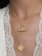 Ottoman Hands Gold Tone Pearl and White Topaz Shield Pendant Necklace - Image 6 of 8