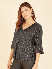 Yumi Black Sequin Top With Fluted Sleeve - Image 1 of 5