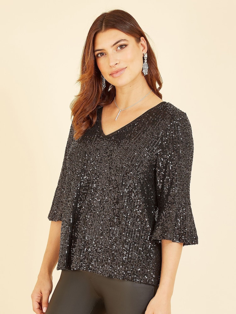 Yumi Black Sequin Top With Fluted Sleeve - Image 1 of 5