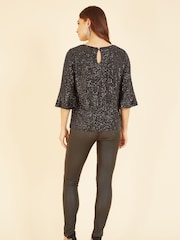 Yumi Black Sequin Top With Fluted Sleeve - Image 2 of 5