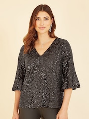 Yumi Black Sequin Top With Fluted Sleeve - Image 4 of 5