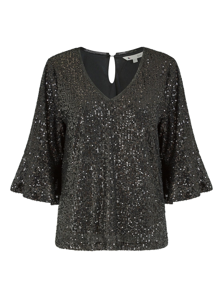 Yumi Black Sequin Top With Fluted Sleeve - Image 5 of 5