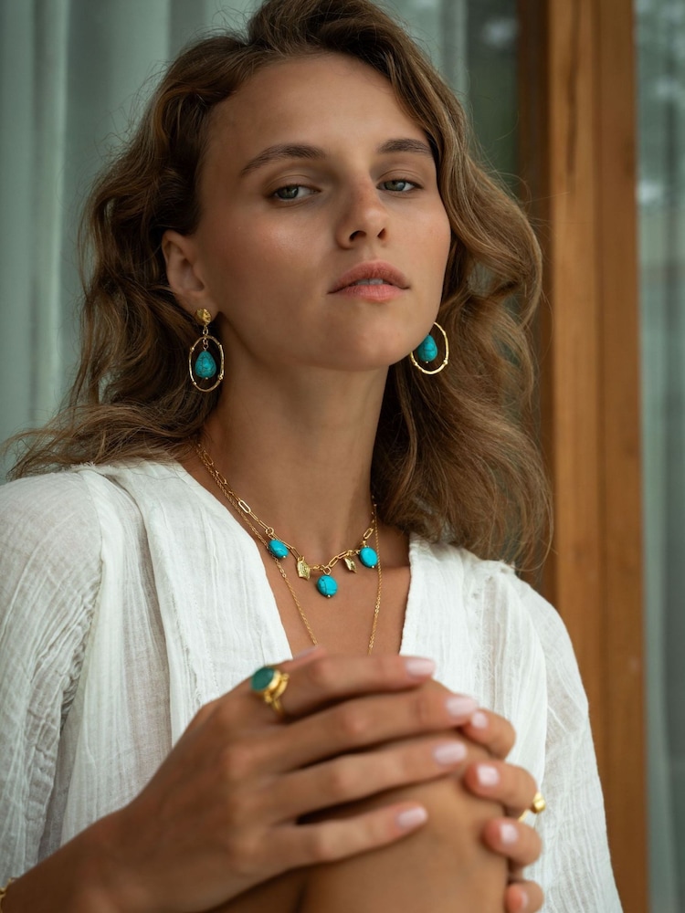Ottoman Hands Gold Tone Turquoise Drop Stud Earrings - Image 2 of 4 Ottoman Hands Gold Tone Turquoise Drop Stud Earrings - Image 2 of 4