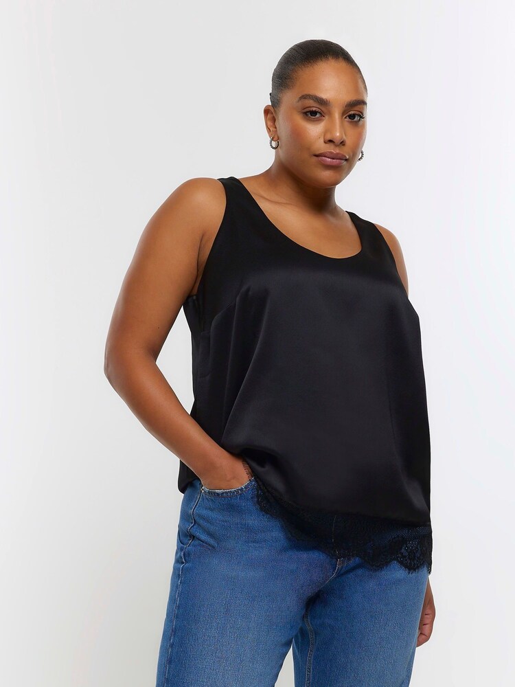 River Island Black Plus Lace Hem Trim Tank Top - Image 1 of 6