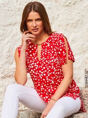Sosandar Red Flutter Sleeve Gold Bar Detail Tunic - Image 3 of 5