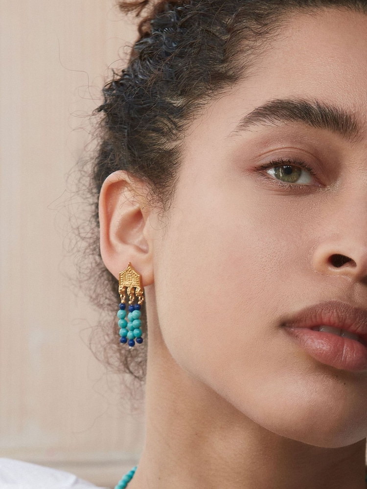 Ottoman Hands Gold Tone Riva Turquoise and Lapis Bead Drop Earrings - Image 1 of 3