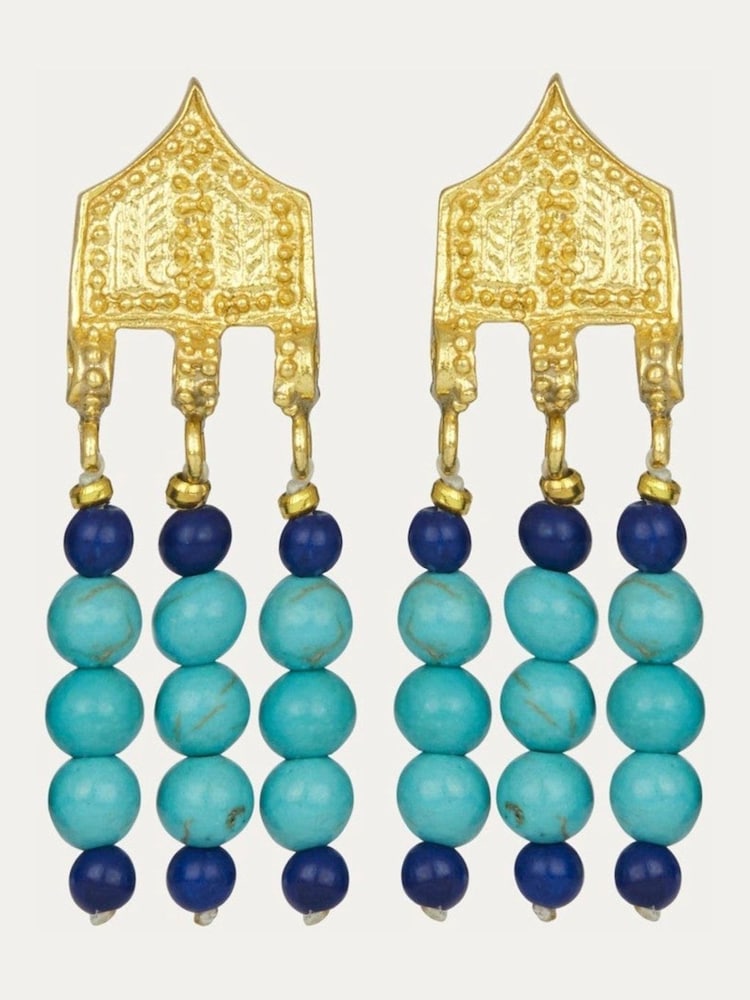 Ottoman Hands Gold Tone Riva Turquoise and Lapis Bead Drop Earrings - Image 2 of 3
