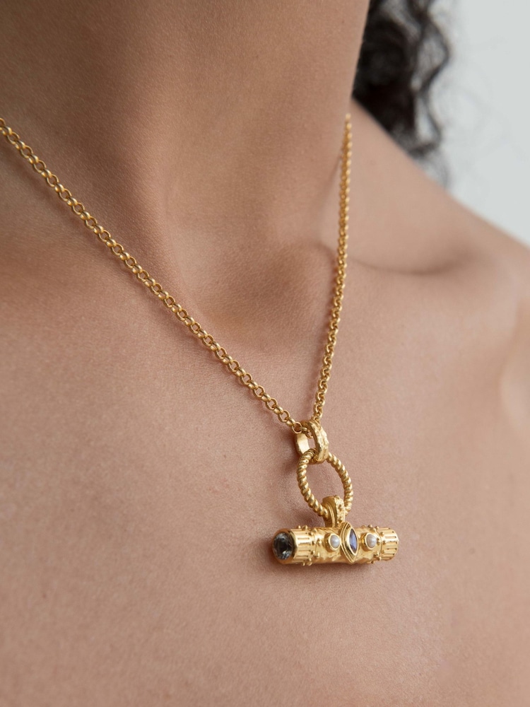 Ottoman Hands Gold Tone Amulet T-Bar Marquise Labradorite Necklace - Image 1 of 6 Ottoman Hands Gold Tone Amulet T-Bar Marquise Labradorite Necklace - Image 1 of 6