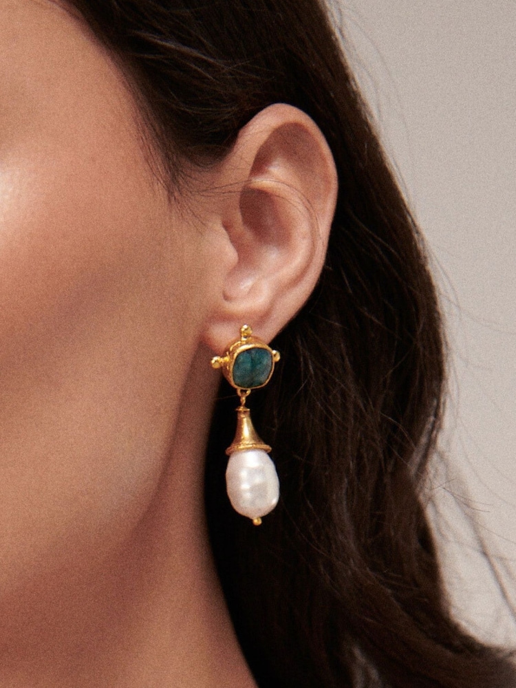Ottoman Hands Gold Tone Esmeray Emerald and Pearl Drop Stud Earrings - Image 1 of 5 Ottoman Hands Gold Tone Esmeray Emerald and Pearl Drop Stud Earrings - Image 1 of 5