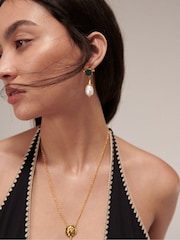 Ottoman Hands Gold Tone Esmeray Emerald and Pearl Drop Stud Earrings - Image 3 of 5