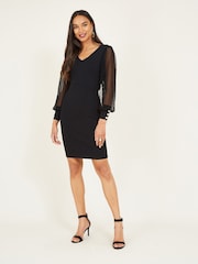 Yumi Black Knitted Body Con Dress With Chiffon Sleeve - Image 1 of 5