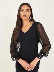 Yumi Black Knitted Body Con Dress With Chiffon Sleeve - Image 2 of 5