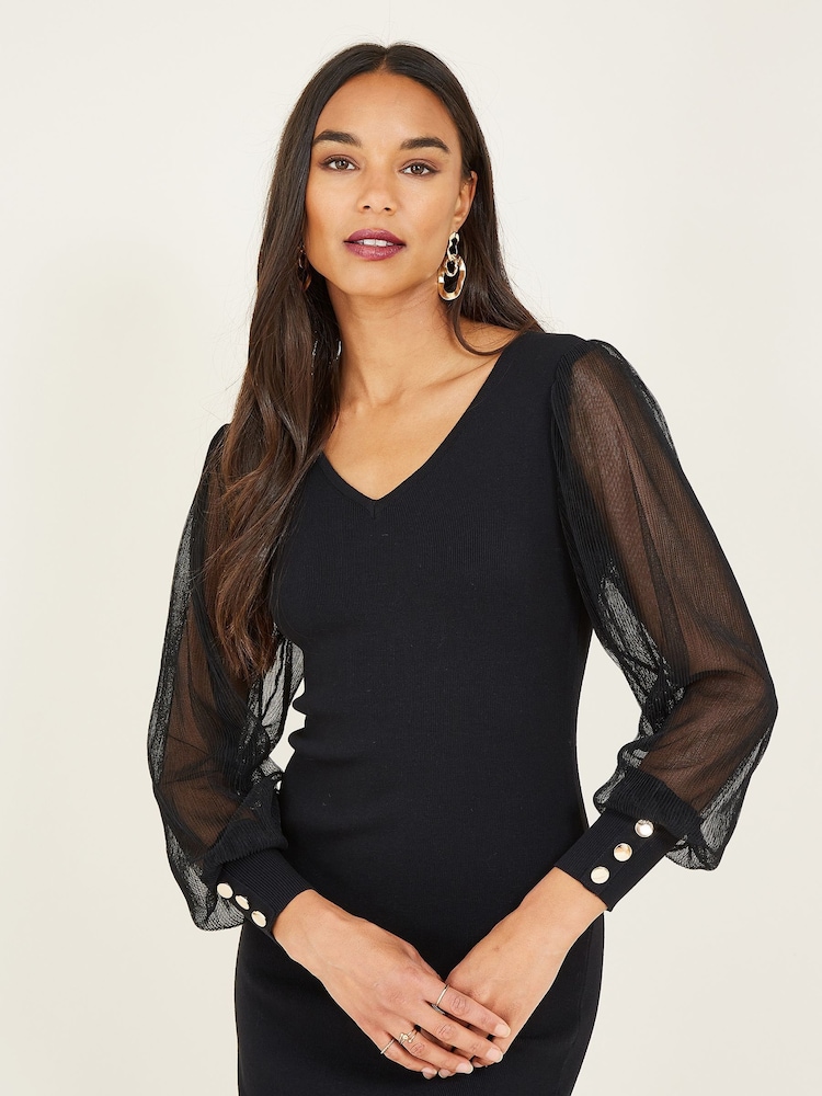 Yumi Black Knitted Body Con Dress With Chiffon Sleeve - Image 2 of 5