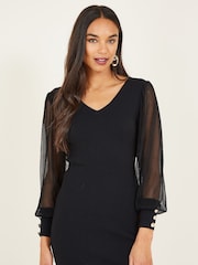 Yumi Black Knitted Body Con Dress With Chiffon Sleeve - Image 3 of 5
