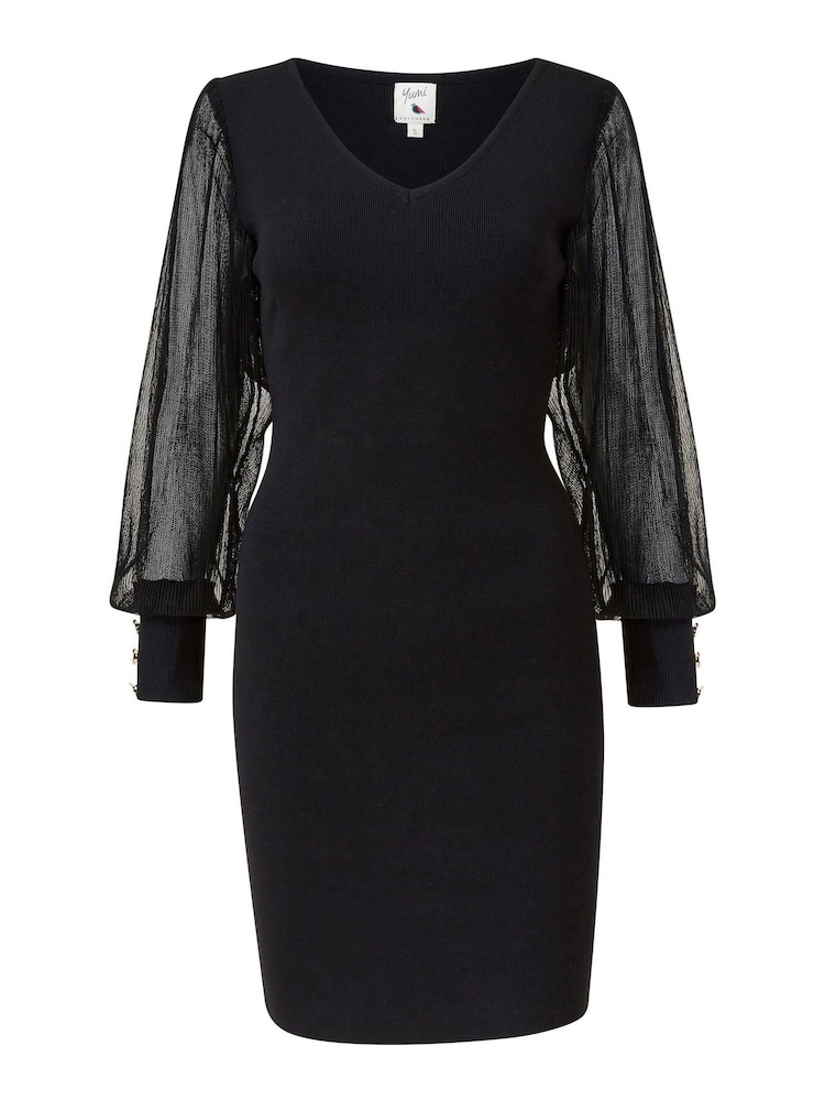 Yumi Black Knitted Body Con Dress With Chiffon Sleeve - Image 5 of 5