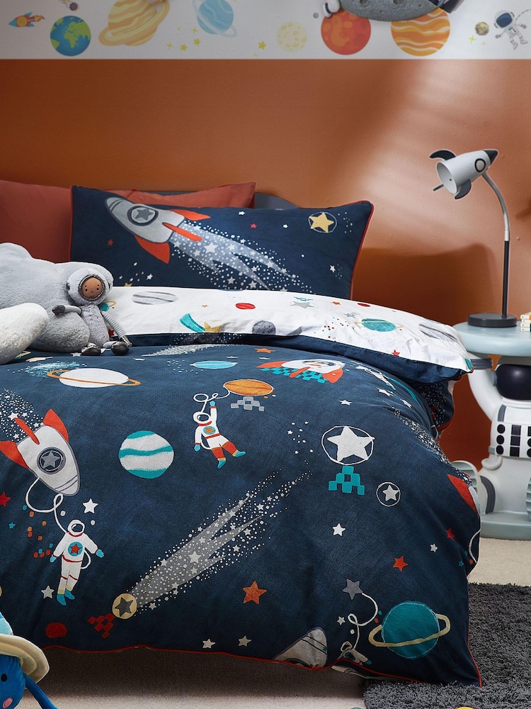 Navy Blue Kids Space Planets And Rockets 100% Organic Cotton Duvet Cover And Pillowcase Set - Image 1 of 6