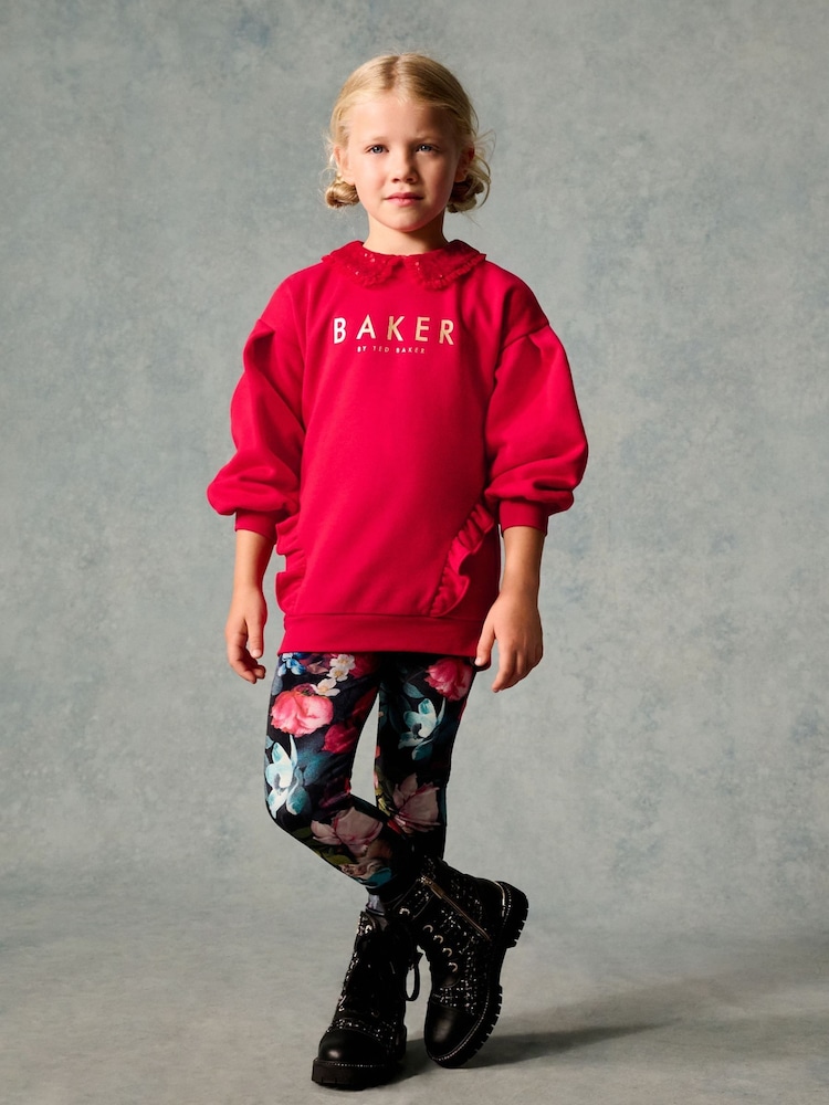 Baker by Ted Baker Red Sequin Collar Longline Sweat and Floral Leggings Set - Image 2 of 10