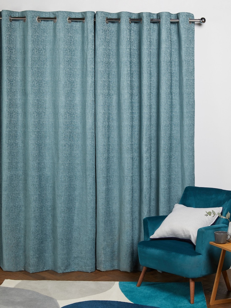 Blue Teal Heavyweight Chenille Eyelet Lined Curtains - Image 1 of 6