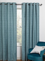 Blue Teal Heavyweight Chenille Eyelet Lined Curtains - Image 6 of 6