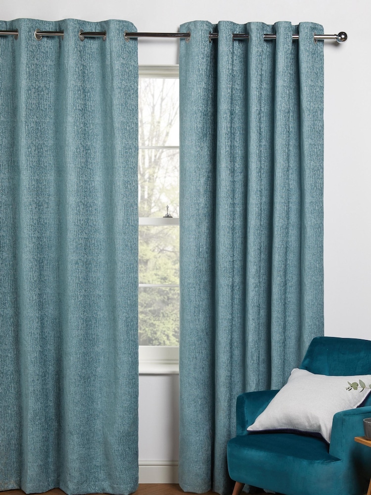 Blue Teal Heavyweight Chenille Eyelet Lined Curtains - Image 6 of 6