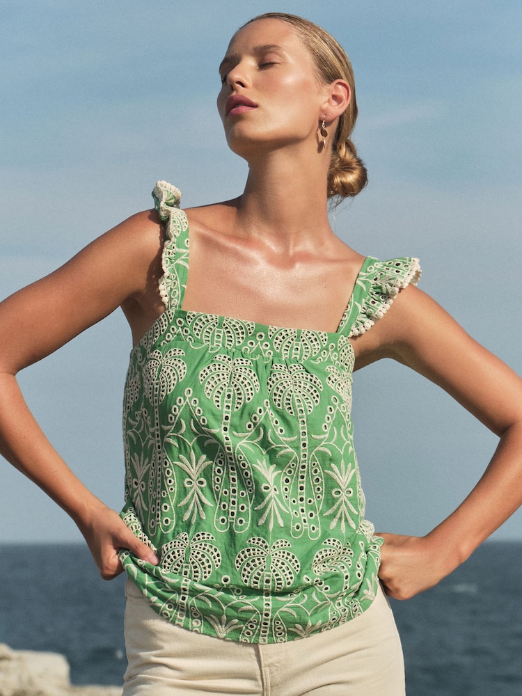 Love & Roses Green Broderie Petite Square Neck Ruffle Cami Top - Image 1 of 4 Love & Roses Green Broderie Petite Square Neck Ruffle Cami Top - Image 1 of 4