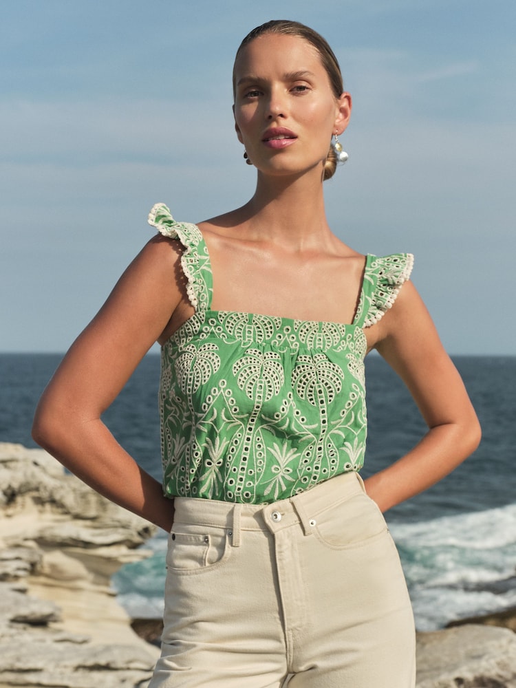 Love & Roses Green Broderie Petite Square Neck Ruffle Cami Top - Image 2 of 4 Love & Roses Green Broderie Petite Square Neck Ruffle Cami Top - Image 2 of 4