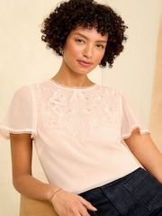 Love & Roses Pink Cutwork Flutter Sleeve Shell Top - Image 1 of 4