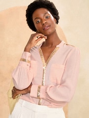 Love & Roses Pink and Gold Sequin Trim V Neck Blouse - Image 1 of 4