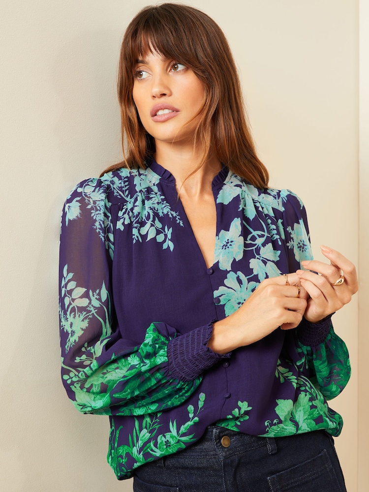 Love & Roses Blue Notch Neck Printed Blouse - Image 1 of 4 Love & Roses Blue Notch Neck Printed Blouse - Image 1 of 4