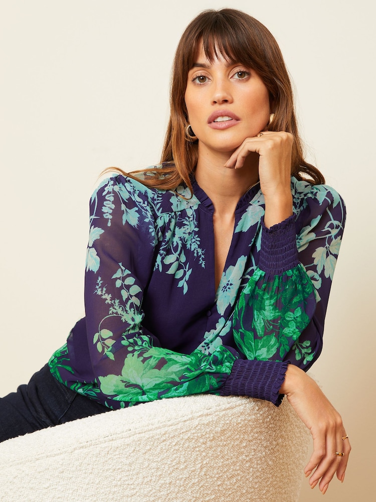 Love & Roses Blue Notch Neck Printed Blouse - Image 2 of 4 Love & Roses Blue Notch Neck Printed Blouse - Image 2 of 4