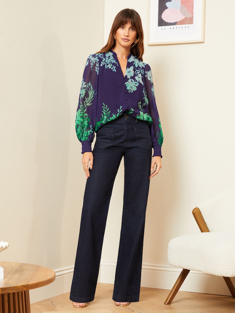 Love & Roses Blue Notch Neck Printed Blouse - Image 4 of 4 Love & Roses Blue Notch Neck Printed Blouse - Image 4 of 4