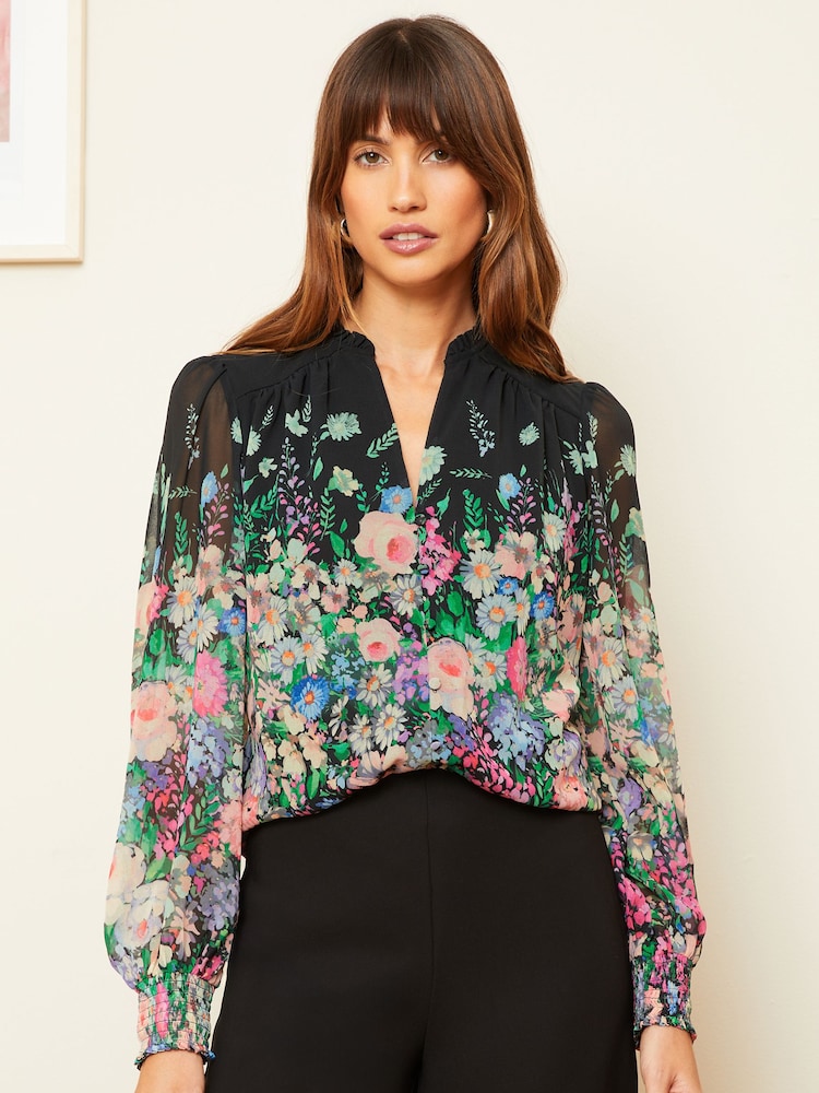 Love & Roses Black Notch Neck Printed Blouse - Image 1 of 4 Love & Roses Black Notch Neck Printed Blouse - Image 1 of 4