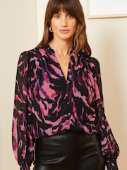 Love & Roses Pink Animal Printed V Neck Puff Sleeve Blouse - Image 1 of 4