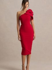 Club L London Red Ambretta | One-Shoulder Midi Dress With Bow - Image 1 of 6